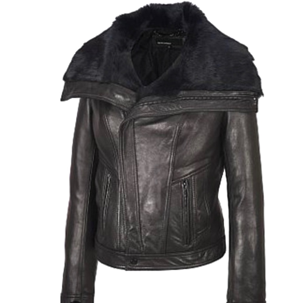 Wilsons Leather | Black Leather Zip Up Moto Jacket Fur Collar